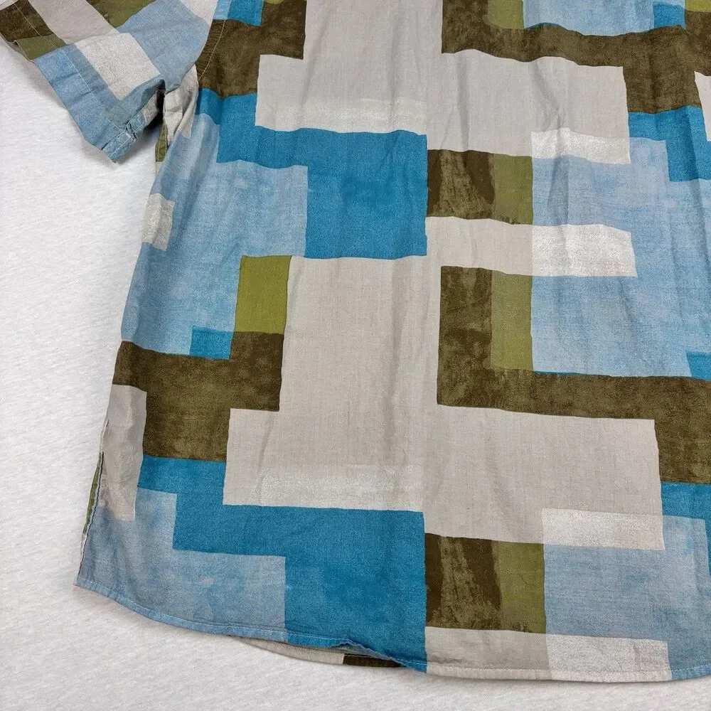 Banana Republic Shirt L Slim Fit Geometric Blocks Blue Green Brown